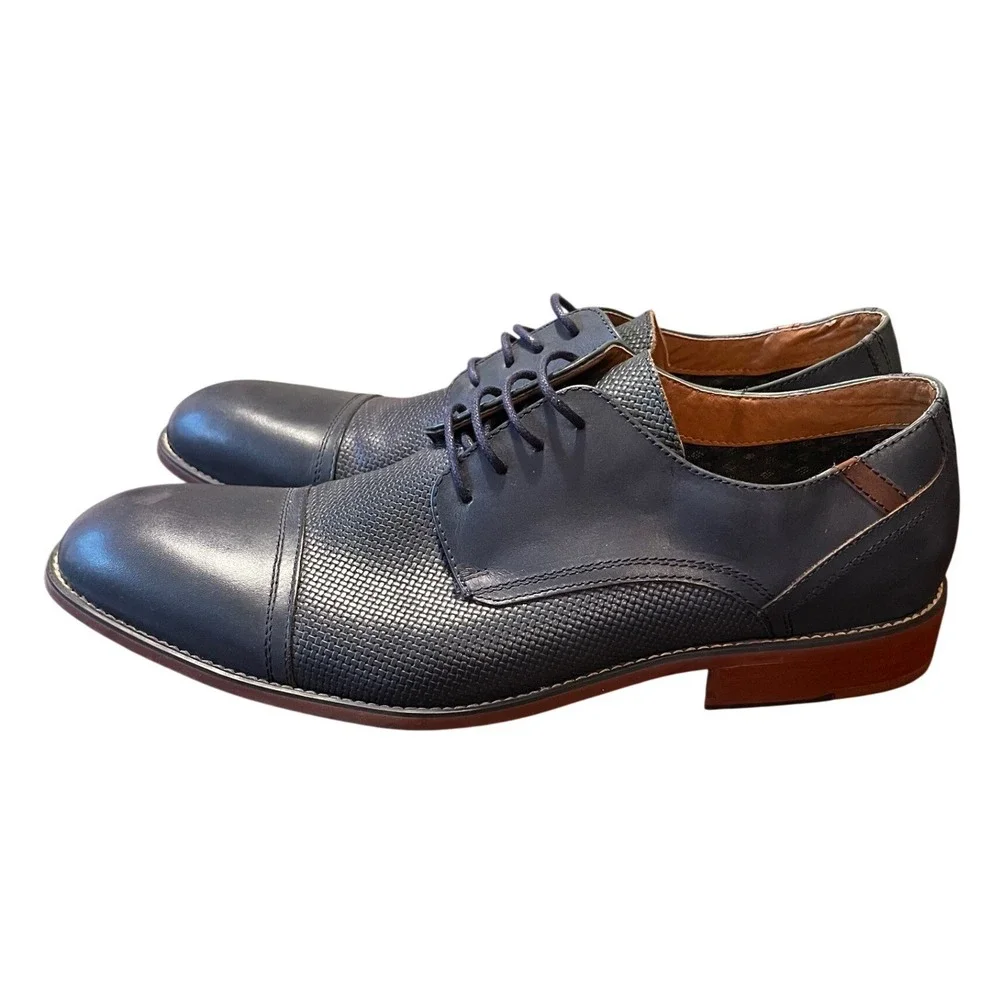 Steve Madden Mens Navy Blue Leather Cap Toe Oxford Dress Shoes Textured Weave